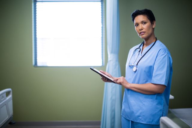 Portrait of female nurse using digital tablet in ward of hospital