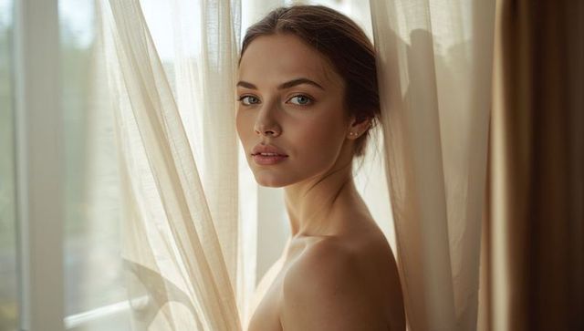 Serene woman by sunlit window with sheer curtains natural beauty portrait soft daylight