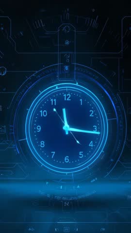 Vertical video showing holographic clock with rotating hands on futuristic HUD interface