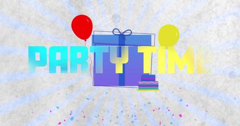 Party time celebration banner featuring gift box, balloons, cake and confetti