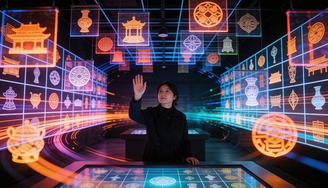 Interacting with holographic cultural motifs on immersive neon digital exhibit table