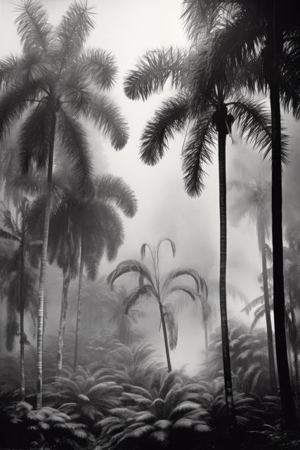 Multiple palm trees and mist in black and white, created using generative ai technology. Palm trees, wallpaper pattern and exotic nature concept digitally generated image.