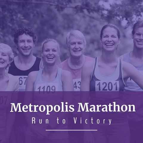 Smiling runners celebrating at metropolis marathon