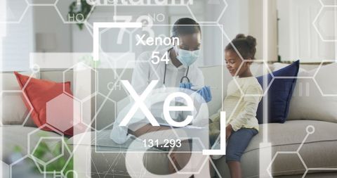 African american doctor and child with chemical symbols in healthcare setting