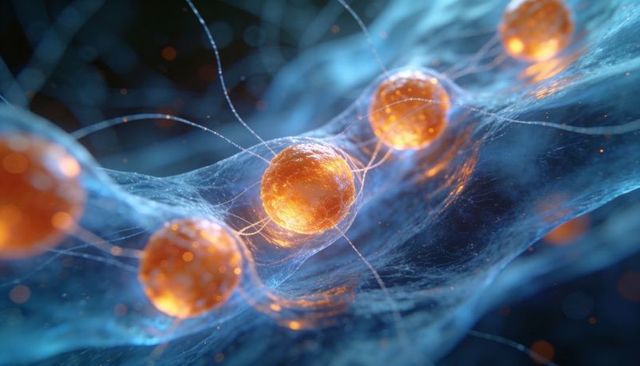 Glowing orange spheres floating in blue fibrous matrix, futuristic nanotech biomimetic