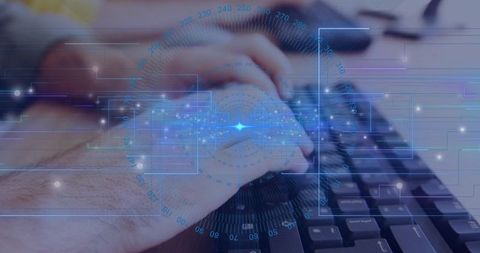 Hands Typing on Keyboard with Digital Interface Elements Overlaid