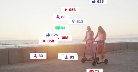 Friends Riding Electric Scooters by Coast with Social Media Overlay