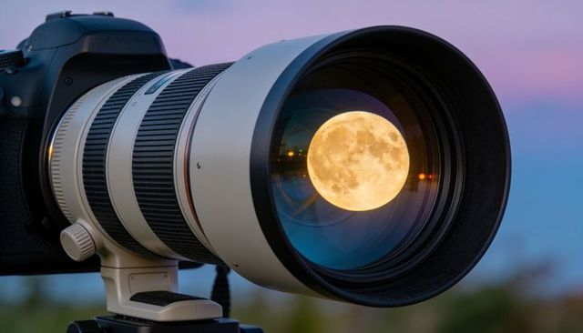 Telephoto dslr lens framing glowing full moon over twilight horizon with tripod support