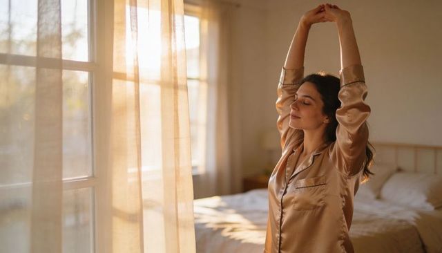 Stretching woman in satin pajamas by sunlit window morning calm cozy bedroom lifestyle