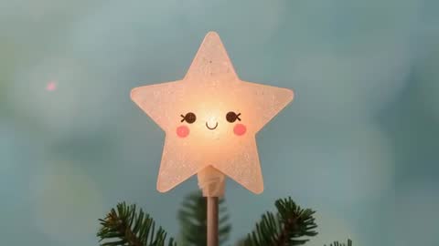 Kawaii Glitter Star Tree Topper Lighting Up Evergreen Branches with Warm Teal Bokeh Glow
