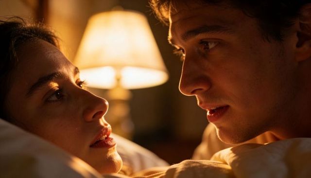 Gazing couple sharing intimate bedside moment with warm lamp glow and soft blanket closeup