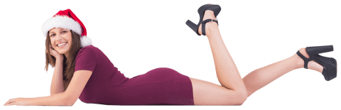 Smiling woman in santa hat lying down on transparent background