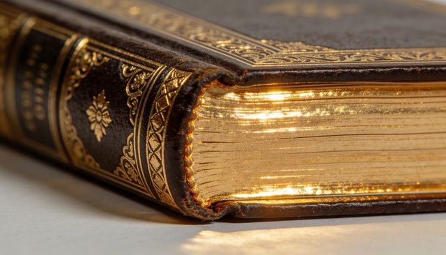 Antique leather-bound book showing gilded page edges and ornate gold tooling