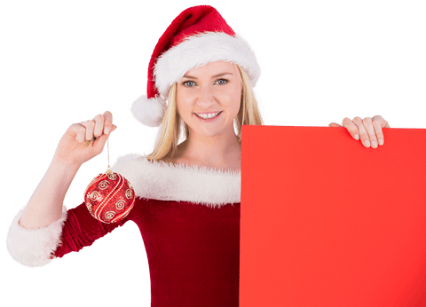 Festive Blonde Woman with Santa Hat Holding Red Board and Ornament Transparent