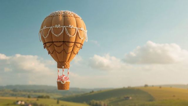 Gingerbread Hot Air Balloon Floating Over Countryside Hills with Icing Decorations and Peppermint