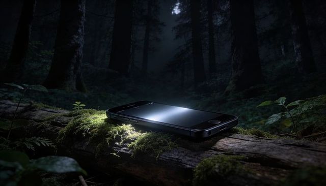 Moonlit smartphone resting on moss-covered log in dark pine forest