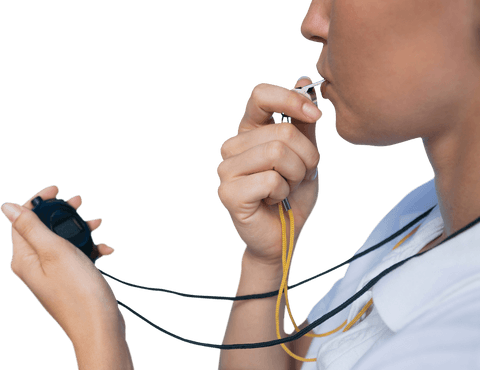 Transparent female sport instructor with whistle and stopwatch