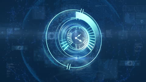 Abstract Futuristic Clock Interface with Global Data Network