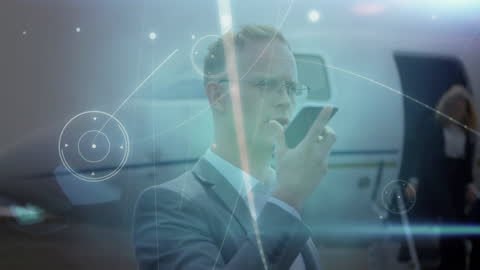 Businessman Analyzing Data with Futuristic Interface Near Private Jet