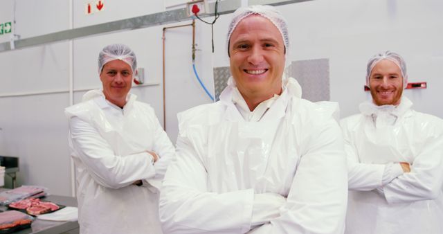 Smiling Meat Processing Plant Workers in Protective Clothing - Download Free Stock Images Pikwizard.com