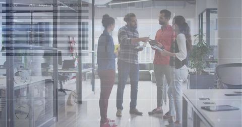 Team Collaboration in Modern Open-Plan Office with Tech Overlay