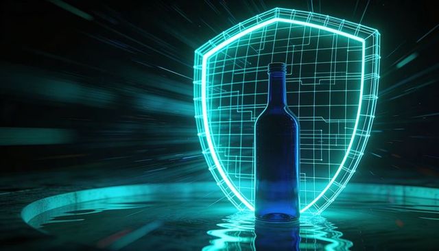 Standing blue glass bottle reflecting on shallow pool with holographic grid shield