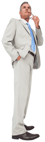 Caucasian Businessman in Suit Contemplating on Transparent Background