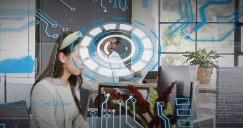 Coworkers collaborating with augmented reality HUD for office productivity and teamwork