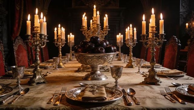 Candlelit Victorian Banquet Table with Ornate Silver Centerpiece and Velvet Chairs