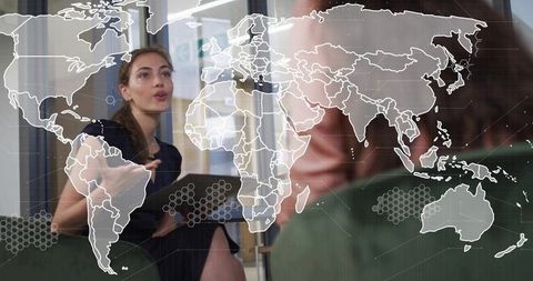 Businesswoman Presenting Data with World Map Overlay in Modern Office