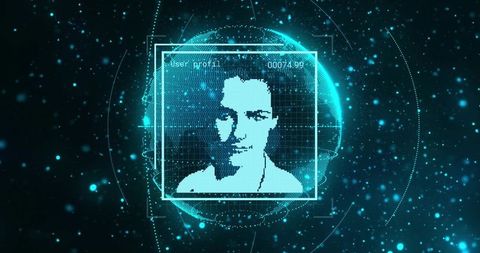 Holographic pixel portrait glowing and scanning in biometric hud with wireframe globe data grid