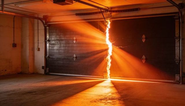 Fiery seam splitting closed garage door casting dramatic orange light beams and concrete glow