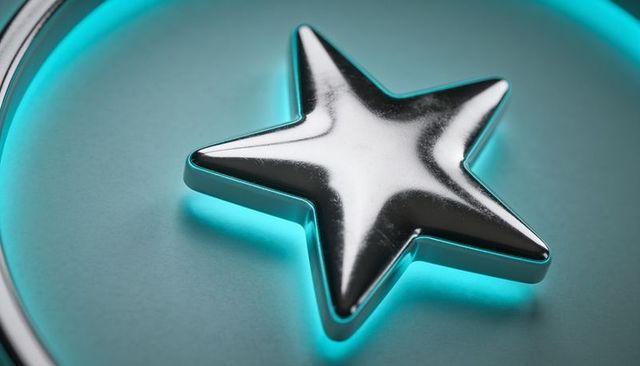 Glossy chrome five-point star emblem with teal halo on matte circular pedestal