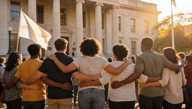 Community linking arms in front of neoclassical courthouse at sunset showing solidarity