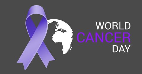 World cancer day awareness promoted with blue ribbon and globe