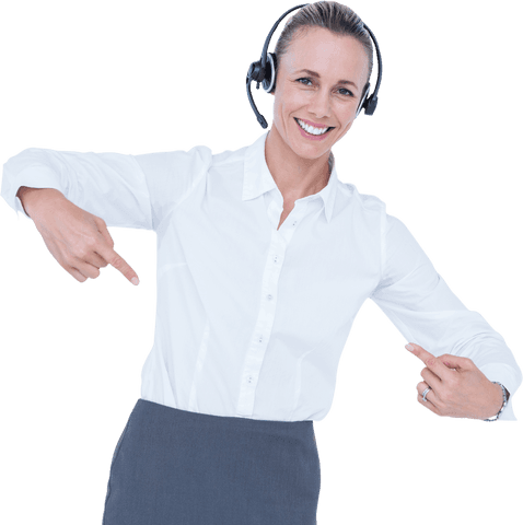 Transparent smile: professional woman with headset pointing