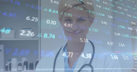 Smiling Female Doctor with Medical Technology and Data Overlay