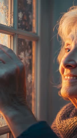 Senior Woman Placing Snowflake Decals on Window, Cozy Winter Decorating Vertical Video