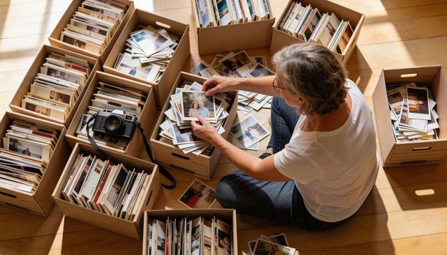 Senior woman sorting vintage family prints and organizing archival boxes at home