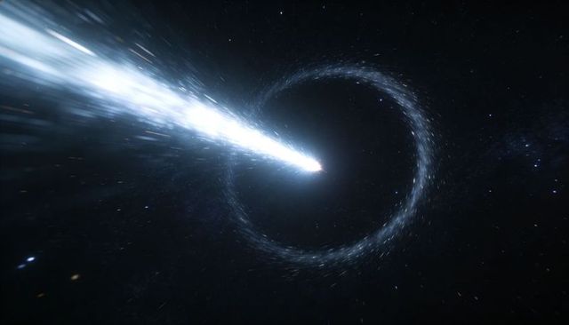 Streaking cosmic jet converging on luminous focal point with particle halo ring in deep space