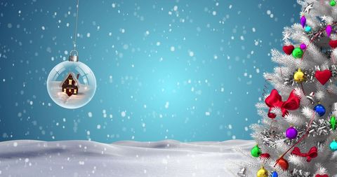 Christmas Tree with Ornaments and Falling Snow in Winter Wonderland