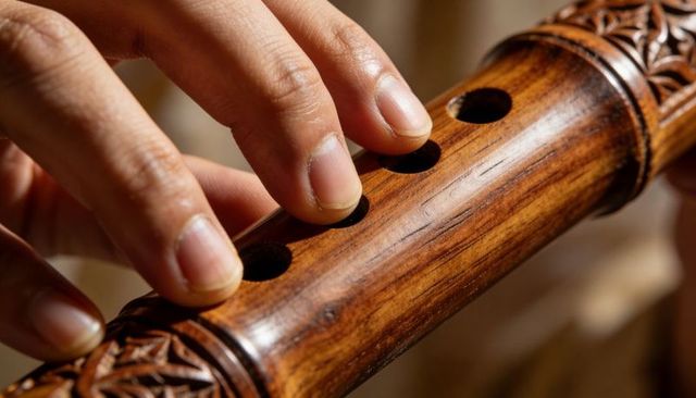Closeup hands playing carved wooden flute, fingertips covering holes, warm natural grain