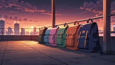Colorful randoseru backpacks on rooftop at sunset