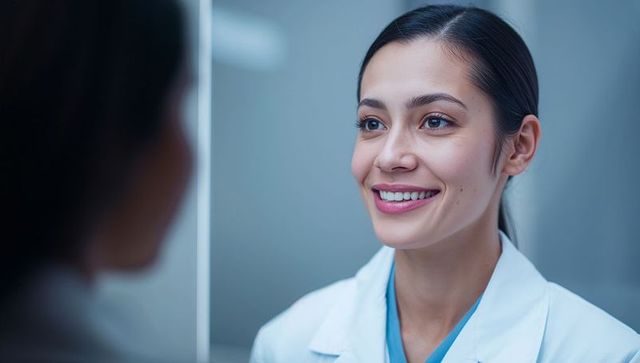 Smiling clinician meeting patient across glass partition, lab coat and blue scrubs
