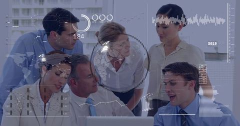 Business Team Analyzing Global Data Visualization Over Laptop During Office Meeting