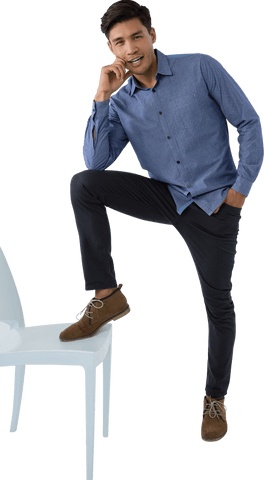 confident businessman in blue shirt stepping on transparent chair - Download Free Stock Videos Pikwizard.com