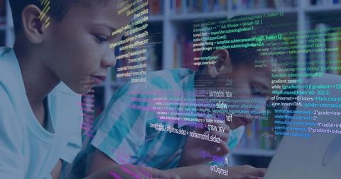 Children coding together with translucent code overlay illustrating teamwork and STEM learning