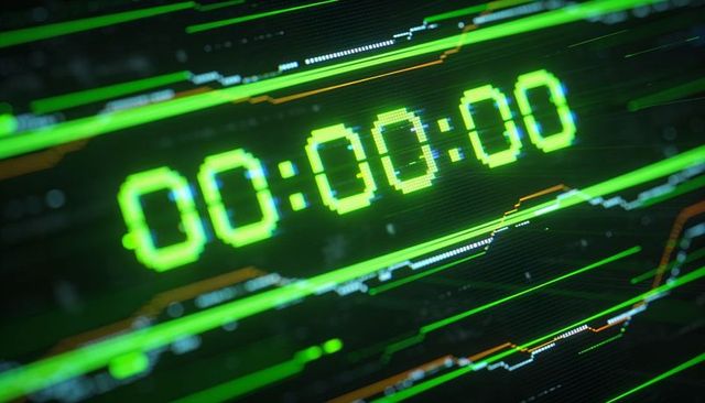 Neon digital countdown 00:00:00 hud with green waveform glitch interface