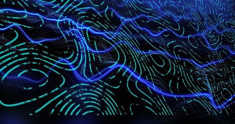 Flowing electric-blue waveform weaving through teal topographic contours and dotted grid