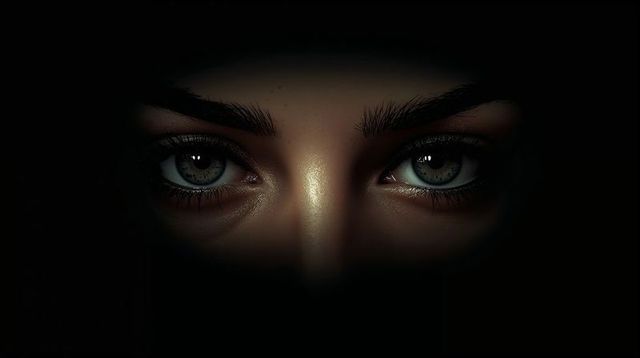 Intense low-key closeup female eyes staring through darkness with dramatic contrast light